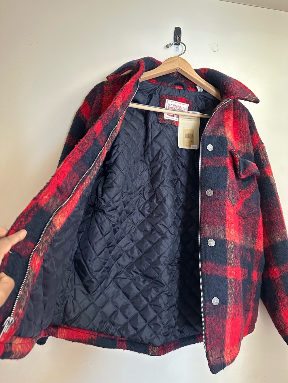 Levis Trucker Jacket Buffalo Plaid Zipper Button Wool Blend Red Women’s Size M - Picture 3 of 14